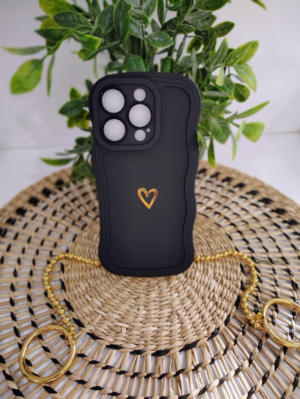 Apple Black Silicone IPhone 16 Pro Case with Gold Heart Accent